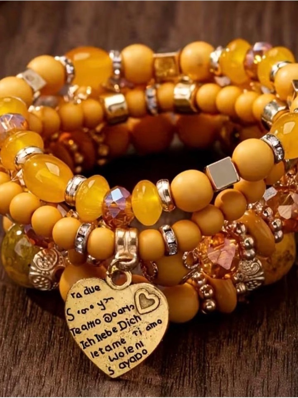 Multi-Strand Yellow Beaded Heart Charm Bracelet